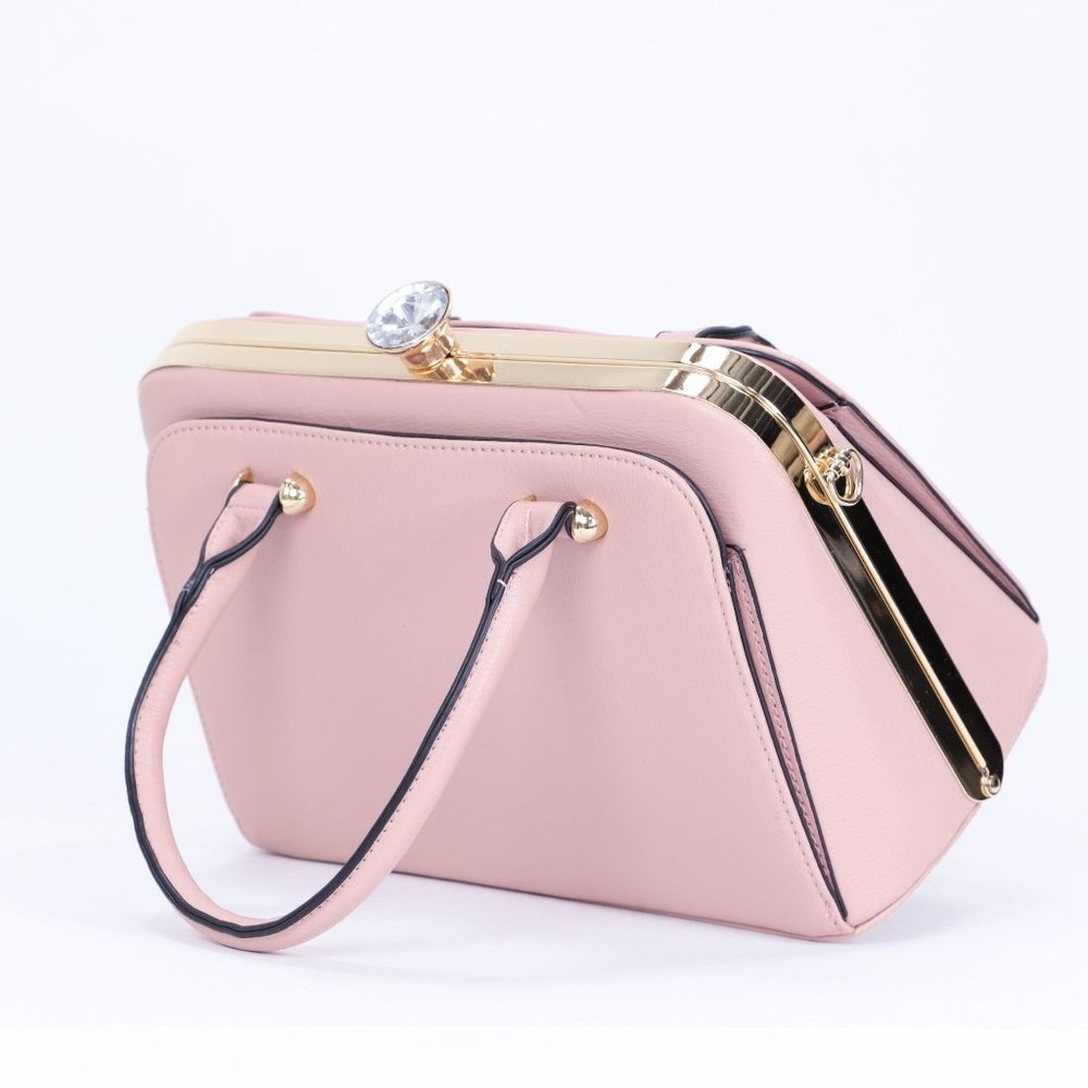 Pink Faux Leather Purse Diamond Snap Closure Doctor Satchel Tote Hand Bag - Picture 4 of 13